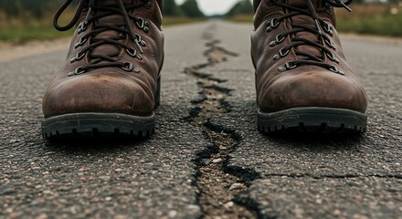 Hiking boots on cracked road adventure footwear outdoor gear travel exploration journey walking shoes trekking