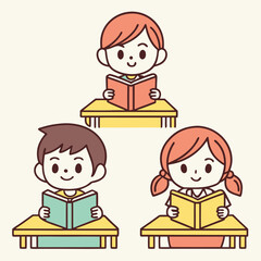 Three Happy Children Reading Books at Desks in Classroom Setting