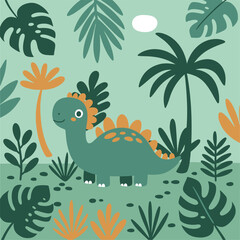 desaign Cute poster with the composition of little dinosaur, palms, leafs vector