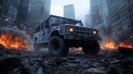 Sturdy off-road vehicle amidst a post-apocalyptic urban landscape with smoke and flames rising in the background