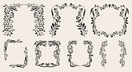 Art nouveau flower frame. Flower and leaf border, branch, wreath, garland decoration. Botanical vector illustration. Vintage antique classic floral graphic element.	