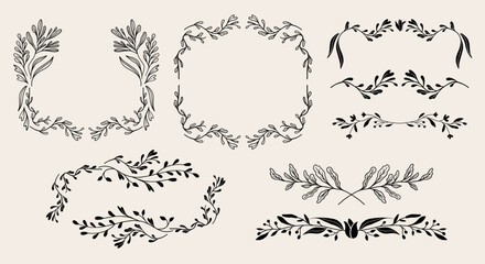 Art nouveau flower frame. Flower and leaf border, branch, wreath, garland decoration. Botanical vector illustration. Vintage antique classic floral graphic element.	