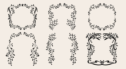 Art nouveau flower frame. Flower and leaf border, branch, wreath, garland decoration. Botanical vector illustration. Vintage antique classic floral graphic element.	