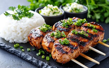 Grilled chicken skewers with rice and dipping sauce