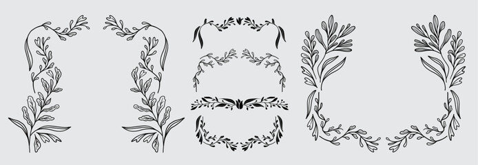 Art nouveau flower frame. Flower and leaf border, branch, wreath, garland decoration. Botanical vector illustration. Vintage antique classic floral graphic element.	