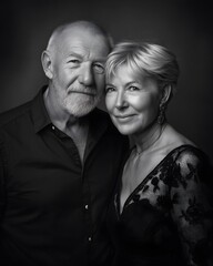 Elegant Black and White Portrait of Older Couple in Fashion Studio Setting Capturing Timeless Beauty and Love