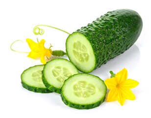 Fresh Green Cucumber Slices with Yellow Flowers on White Background
