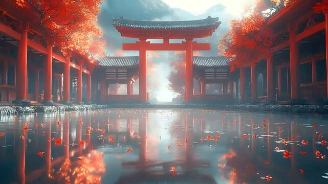 A serene Japanese temple scene. The landscape has a reflective pond in the foreground, and the traditional red temple architecture, including a prominent torii gate, is mirrored in the water.