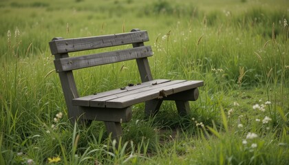 A weathered wooden bench sits nestled among tall green grass and small white flowers in a peaceful setting