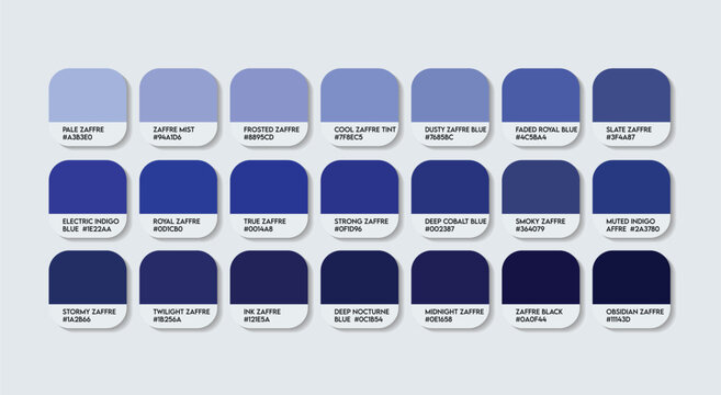 Zaffre Color Guide Palette with color Names. Catalog Samples of Zaffre RGB HEX codes and Names. Zaffre blue Color Palette, Fashion Trend Pantone Zaffre paint Color Palette, royal blues tones, shades