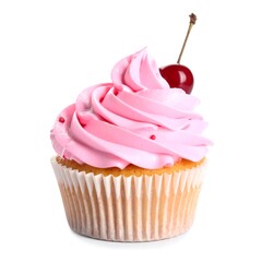 Pink Cupcake with Swirl Frosting and Cherry