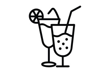 summer cocktail drink glass and ice cream Line Icon with vector illustration