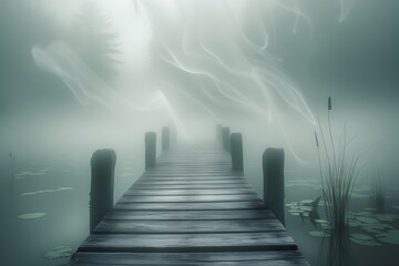 Wooden Dock Extending into Fog Covered Water – Serene Lakeside Pier Photography