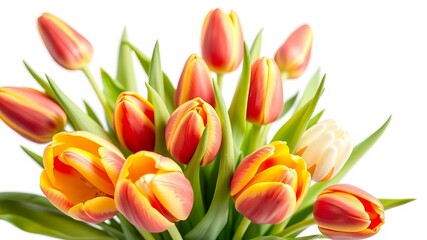 Obraz premium A vibrant bouquet of red and yellow tulips with green leaves is isolated on a bright white background.