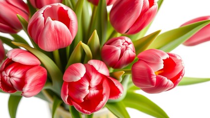 Fototapeta premium A vibrant bouquet of fresh pink tulips in full bloom sits in a vase against a bright white background.