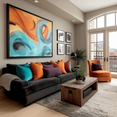 modern living room with fireplace,generative ai illustration
