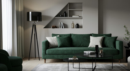Elegant Green Velvet Sofa in Modern Living Room