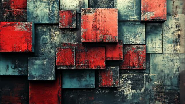 Abstract textured squares. Red, blue, and gray pattern creates depth