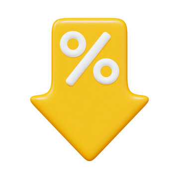 3d low price icon. Yellow percent with arrow down. Crisis concept sign. Stock vector illustration on isolated background.