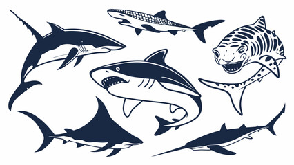 Fototapeta premium Black and White Vector Illustration Set Featuring Diverse Shark Species Like Great White Whale and Tiger Sharks