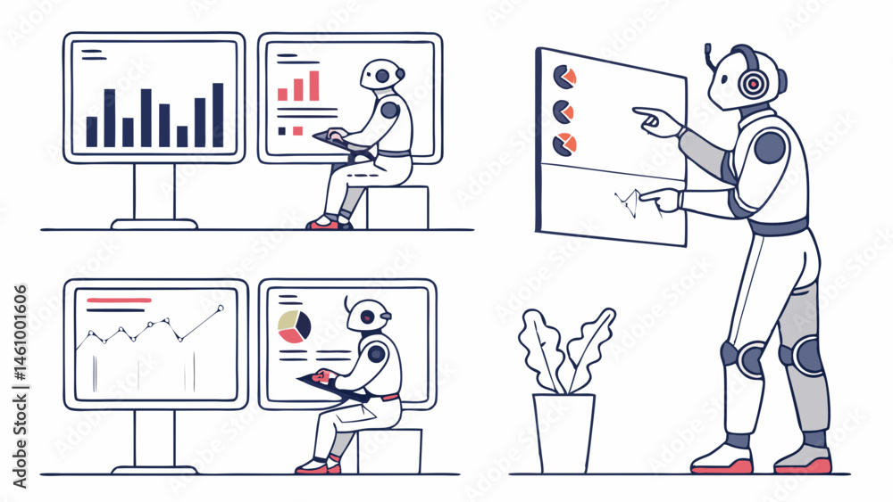 Poster flat vector illustration ai robot analyzing business data charts dashboards