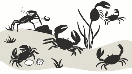Black and white silhouette illustration of crabs and a crayfish on a sandy beach with plants and shells