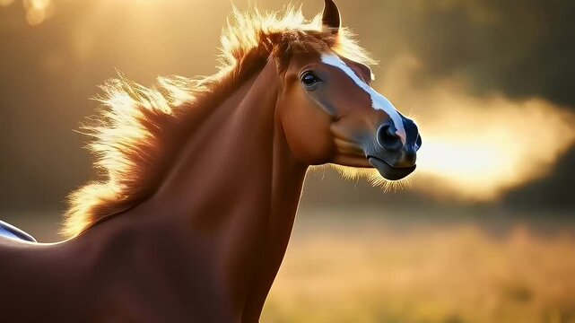 Majestic brown horse stands under morning sunlight