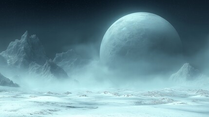 Distant icy moon orbiting a gas giant, cinematic lighting, ultra-sharp,generative ai illustration