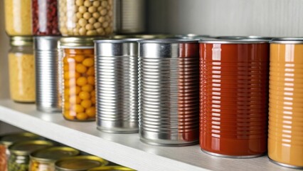 Organized pantry shelf with canned goods and preserved food in jars