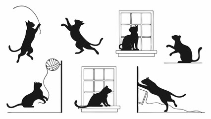 Naklejka premium Cute Playful Black Cat Silhouettes Various Poses Jumping Scratching Sitting Black and White Illustration