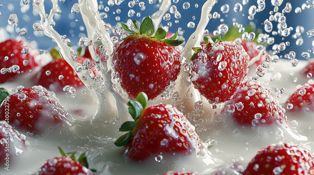 Poster fresh strawberries splashing into creamy milk with water droplets, creating vibrant, refreshing, and