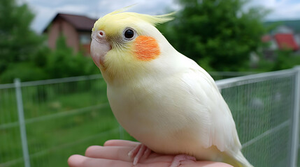 perched on a hand in front of a blurred garden background