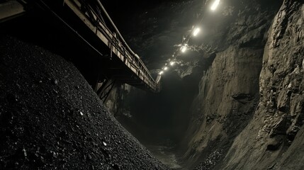 Coal dropping from a height onto a secondary conveyor belt deep inside the mining chamber