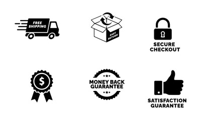 Six black e-commerce guarantee icons: free shipping, easy returns, secure checkout, money-back guarantee (two styles), and satisfaction guarantee