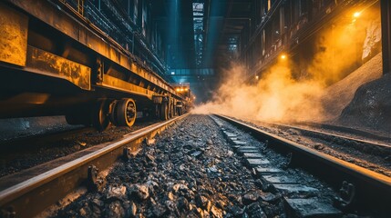 Obraz premium Coal dust accumulating near a conveyor belt deep underground, surrounded by rugged rock formations