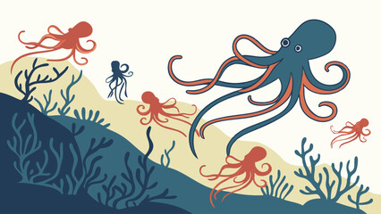 Obraz premium Colorful whimsical underwater illustration of blue and red octopuses swimming near coral and plants