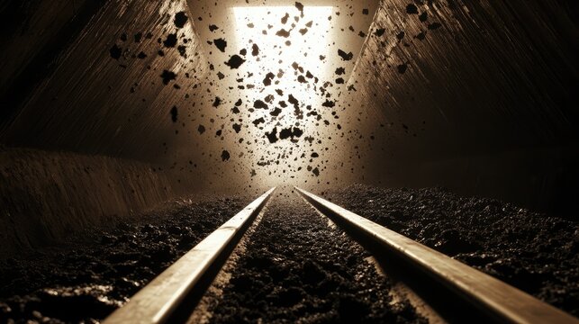 Coal particles suspended mid-air as conveyor belt jostles the freshly mined load forward