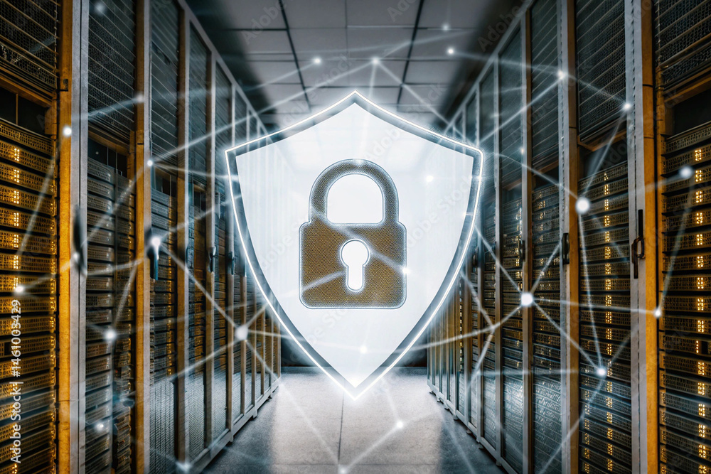 Poster data center security network protection with shield and lock icon