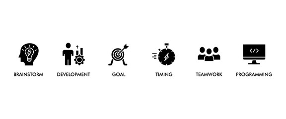 Hackathon banner web icon vector illustration concept for design sprint-like social coding event with icon of brainstorm, development, programming, timing, speed, teamwork, and goal