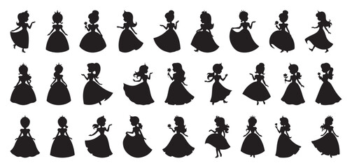 Set of elegant princess silhouettes in various poses, black vector design on white background  