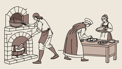 Traditional Bakery Scene Sepia Illustration People Preparing Dough and Baking Bread in a Large Brick Oven