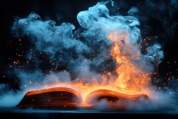 An open book engulfed in flames and smoke, with sparks and dark background