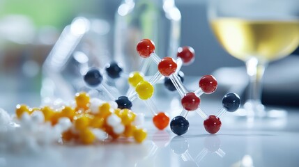 Scientific molecular models beside meat-free protein samples in a futuristic lab