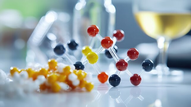 Scientific molecular models beside meat-free protein samples in a futuristic lab