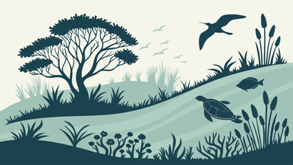 Serene Nature Wildlife Silhouette Illustration with Tree Birds Turtle Fish and Plants