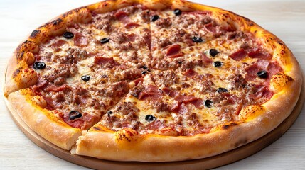 A delicious whole meat lovers pizza with olives is sliced and ready to serve on a wooden board.