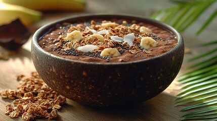 Chocolate smoothie bowl topped with granola, coconut flakes, and banana slices