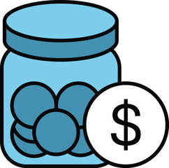 Glass jar icon filled with coins and a dollar symbol. Represents savings, budgeting, financial planning, emergency fund, or personal finance