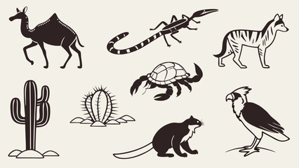 Vintage Black White Desert Animals and Plants Sketch Art Camel Scorpion Cactus Turtle Bird Hyena