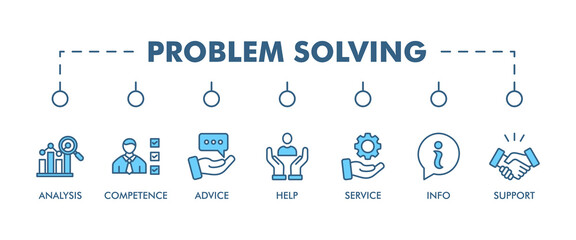 PROBLEM SOLVING BANNER WEB ICON VECTOR ILLUSTRATION CONCEPT WITH ICON OF ANALYSIS, COMPETENCE, ADVICE, HELP, SERVICE, INFO, SUPPORT,